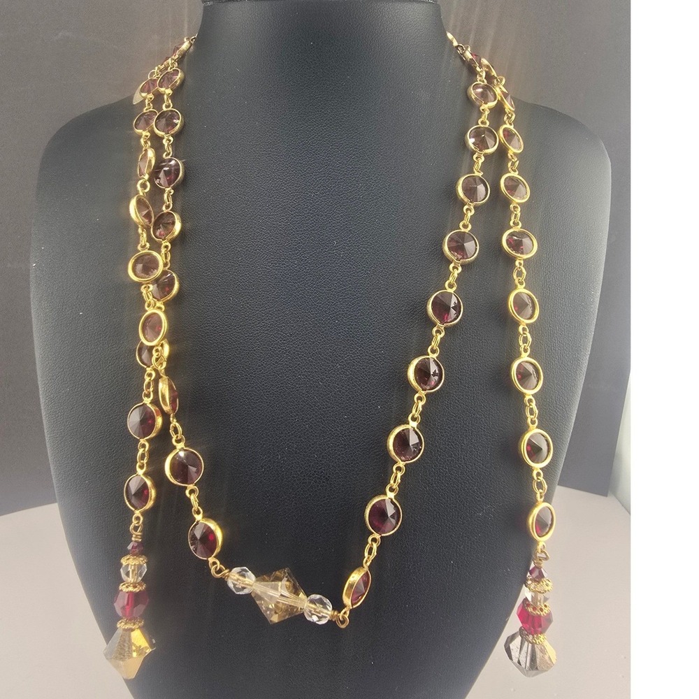 Brenda Perruzza Flip Lariat Necklace Open Bezel Burgundy Gold Tone Crystal 46in
